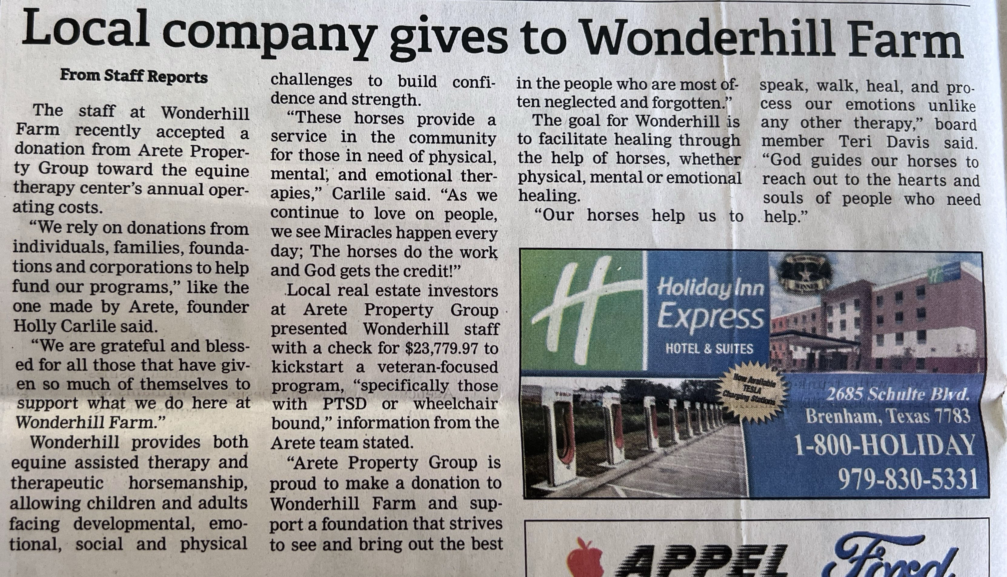 Local company gives to Wonderhill Farm